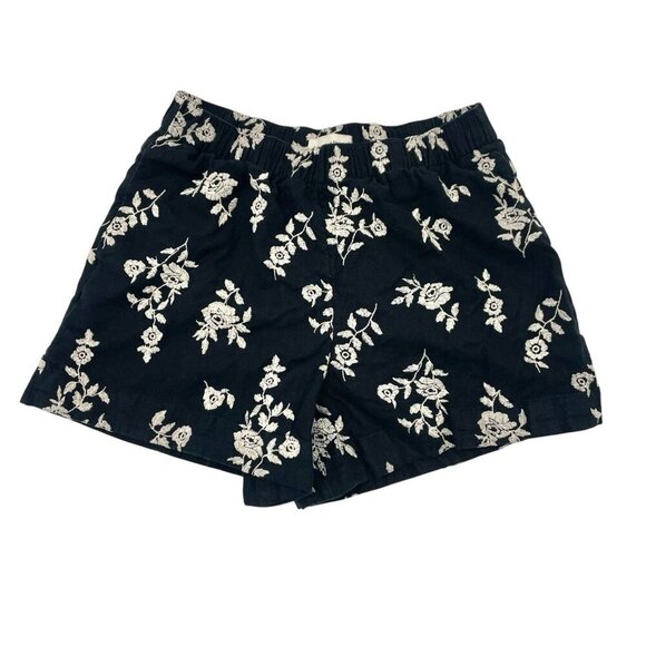 Abercrombie & Fitch Linen Blend Embroidered Floral Pull-On Shorts Black sz Large - Picture 1 of 5